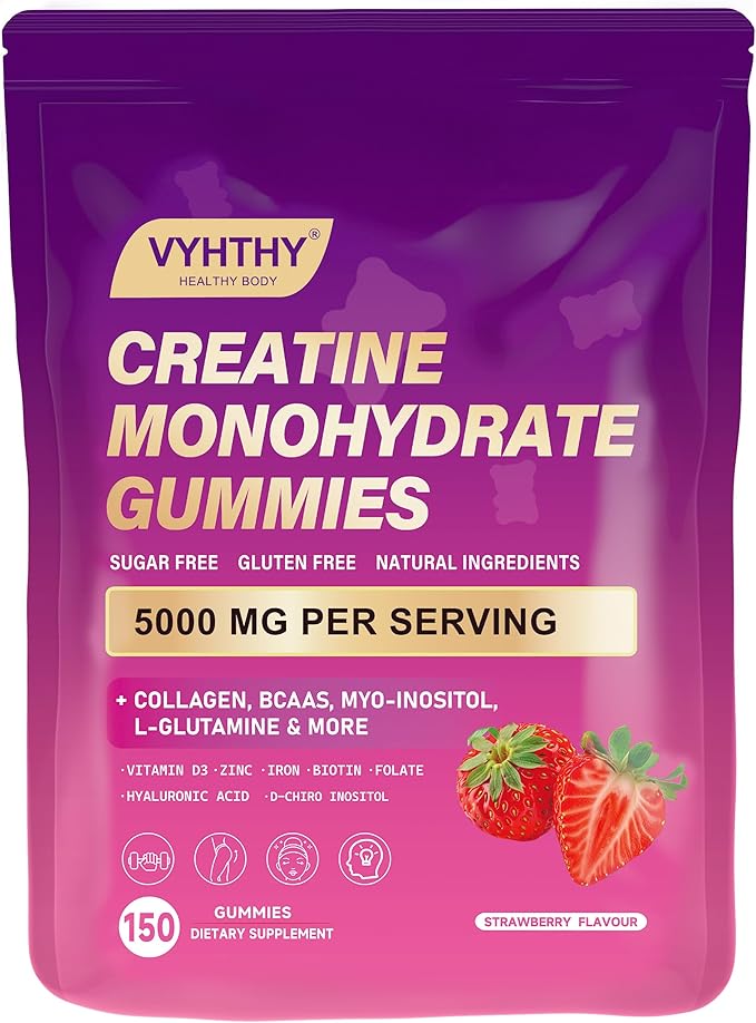 Creatine Monohydrate Gummies – with Collagen, BCAAs, L-Glutamine, Biotin, Zinc, Vitamin D3 & Hyaluronic Acid – Daily Pre & Post Workout Recovery, Sugar-Free（150 Gummies）
