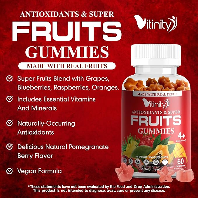 VITINITY Fruit and Veggies Supplement Gummies – Greens Gummies with Real Fruits & Vegetables – Vegan Fruit Gummies & Super Greens Gummies for Adults & Kids, 60 Count (30 Day Supply)