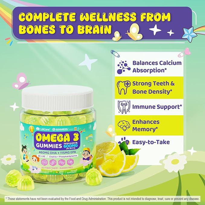 Omega-3 for Kids 4+, Algae EPA & DHA Gummies Plus Vitamin D3 K2, Choline & PS for Brain, Bone, Cognitive & Immune Health, Zero Sugar Children Ultra-High DHA Fish Oil Alternative Lemon Flavor, 60 Cts