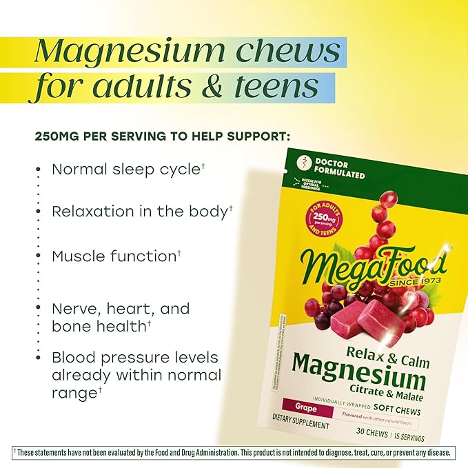 MegaFood Relax + Calm Magnesium Complex with Magnesium Citrate & Malate for Heart Health, Muscle Tension & More – Doctor Formulated - Vegetarian – Grape Flavor - 30 Soft Chews (15 Servings)