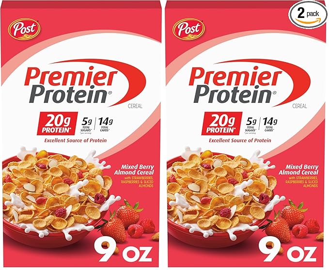 Premier Protein Mixed Berry Almond Cereal, Protein Cereal Flakes Mixed with Dried Berries and Sliced Almonds, Contains 20g of Protein Per Serving, 9 OZ Box (Pack of 2)