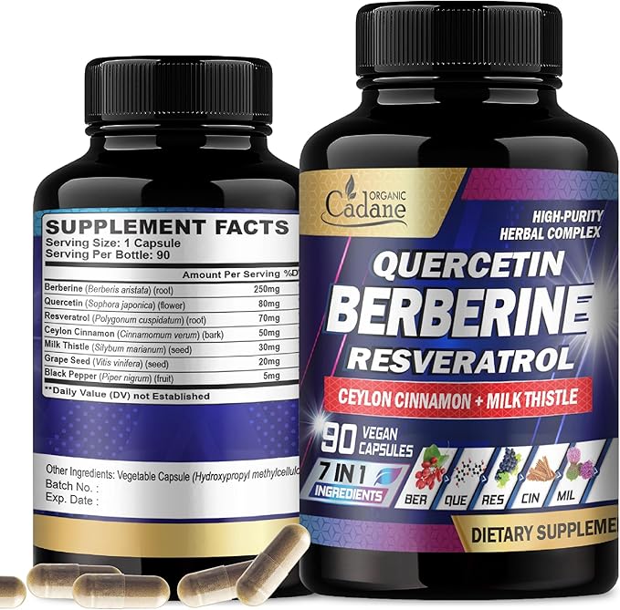 Organic Cadane 7in1 Pure Berberine Supplement with Quercetin, Ceylon Cinnamon, Resveratrol, Milk Thistle, Grape Seed, and Black Pepper - 90 Capsules for 3-Month Supply - Immunity Health Support