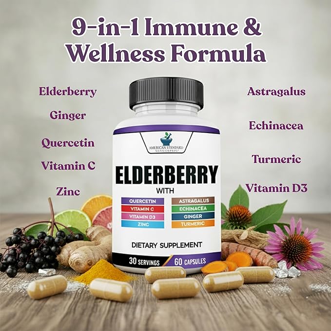 American Standard Supplements Elderberry Extract with Quercetin, Vitamin C, D3, Ginger, Zinc, Turmeric, Astragalus and Echinacea – 60 Capsules, 30 Servings