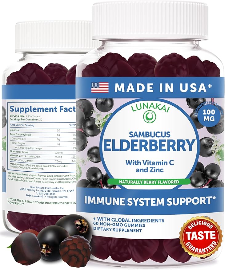Lunakai USA Made Black Sambucus Elderberry Gummies for Adults & Kids with Vitamin C & Zinc - Immune Support, Antioxidants, Non-GMO, 60 Gummies