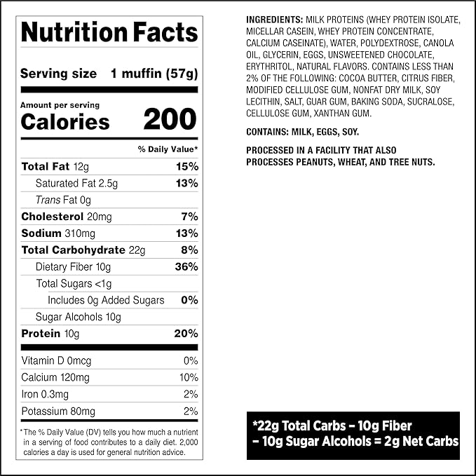 Quest Nutrition Chocolate Chip Muffin, 10g Protein, 2g Net Carb, Less than 1g Sugar, Protein Snack, 4 Count