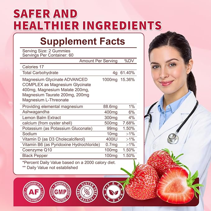 120 CT Magnesium Glycinate Gummies 1000 mg for Women and Men, Magnesium Malate & Taurate Supplements for Sleep, Body Support and Relaxation, Sugar Free, Vegan, Strawberry Flavor