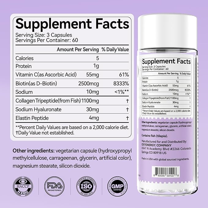 OxyEnergy Collagen Peptides Capsules for Women, 1100mg Hydrolyzed Collagen Tripeptides(Type III) Supplements with Biotin and Vitamin C, 180 Collagen Pills to Promotes Hair, Nail, Skin, 2 Months Supply