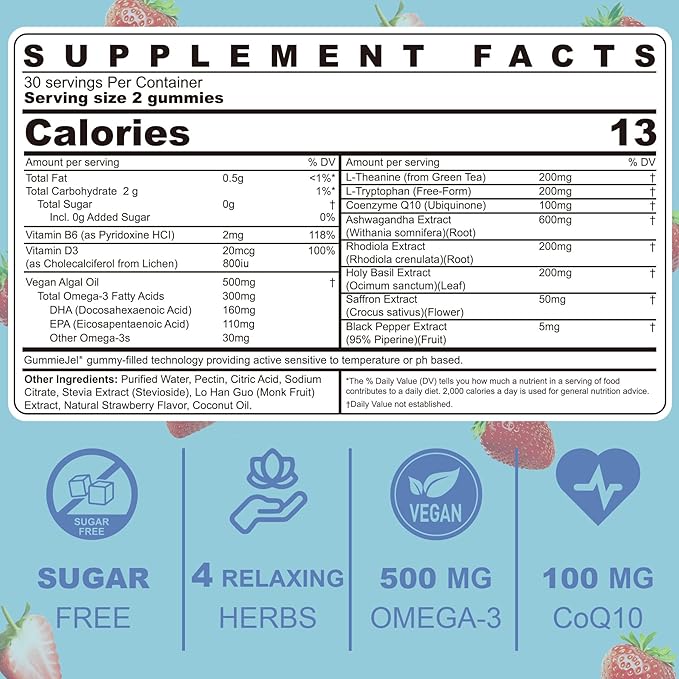 Ashwagandha Saffron Calm Gummies + Omega 3, L-Theanine & CoQ10 for Women Men, Natural Calming Happy Relax Gummies for Adults, Mood Support Supplement Gummy, Strawberry Flavor, Sugar Free, Vegan, 60ct