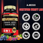 Mecisco 6in1 Trans Resveratrol Supplement with Grape Seed, Milk Thistle, and More - Resveratrol 1000mg - Supports for Immune System, Heart Health, Body Management - 180 Capsules
