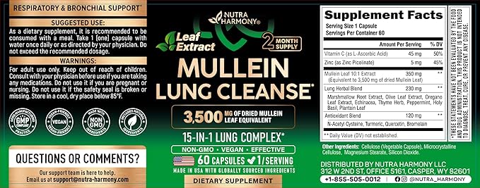 Mullein Lung Detox - Mullein Leaf Extract - Marshmallow Root | Echinacea | Oregano | Quercetin | NAC - 15-in-1 Lung Support & Cleanse for Smokers Supplement - Made in USA - As Drops - 60 Capsules