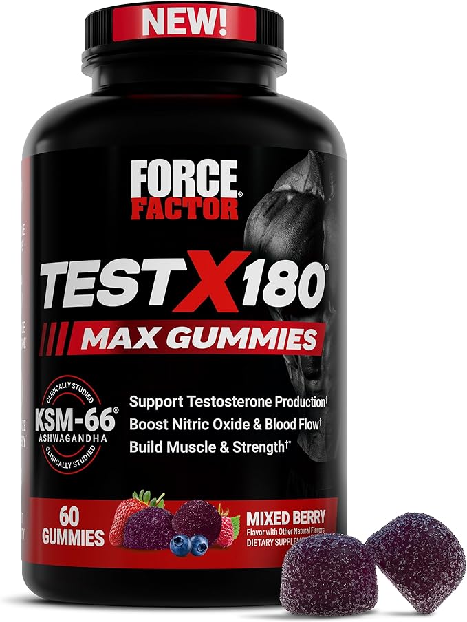 Force Factor Test X180 Max Gummies, Testosterone Booster Supplement for Men, with KSM-66 Ashwagandha to Support T Levels, Strength & Vitality, Mixed Berry, 60 Gummies