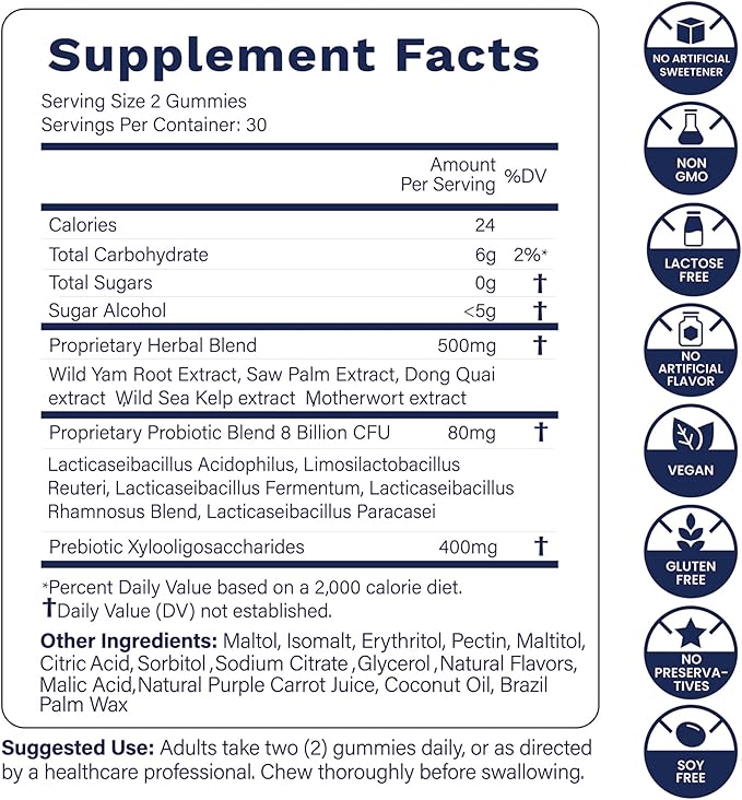 Flora12 Vaginal Probiotics for Women pH Balance Gummies with Prebiotics 8x Billion Probiotics 5x Extracts Saw Palmetto, Dong Quai, Motherwort, Wild Kelp & Yam | Vegan Sugar-Free Gluten-Free, 120 Ct
