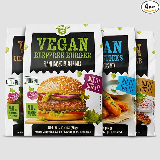 Creative Pea Vegan Variety Pack | Plant-Based Burger, Nuggets, Fish Sticks & Kebab Mix | High-Protein Shelf-Stable Meal Kit | Just Add Water & Oil | Gluten-Free | 4 x 65g
