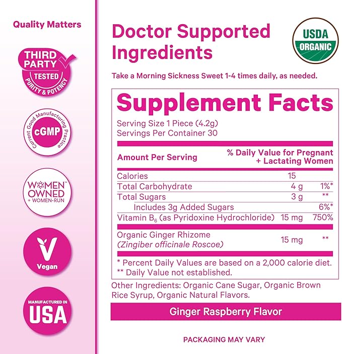 Pink Stork Morning Sickness Sweets, Organic Raspberry Ginger Candy with Vitamin B6, Support for Motion Sickness, Prenatal Heartburn - Pregnancy Must Haves - 30 Wrapped Drops