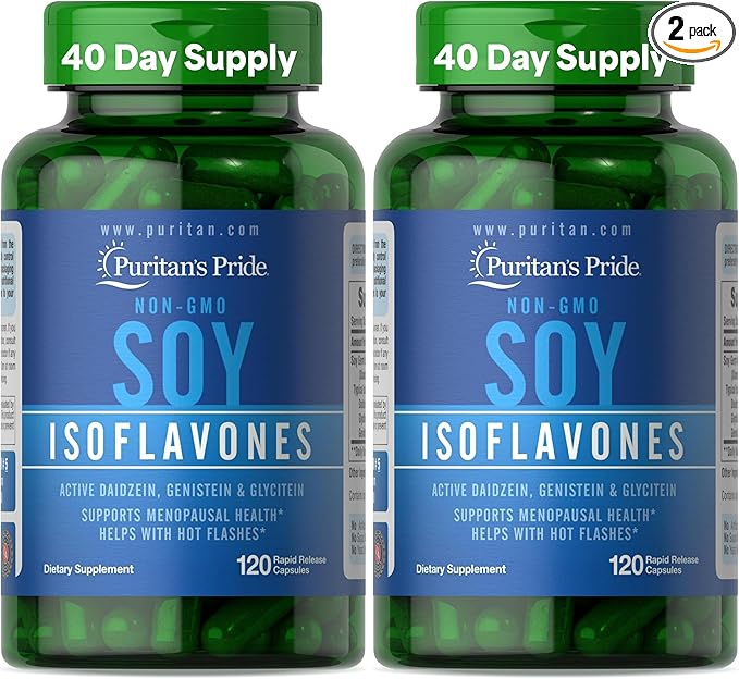 Puritan's Pride Non-GMO Soy Isoflavones 750mg, Dietary Supplement with Active Daidzein, Genistein, and Glycitein Supports Menopause and Hot Flashes, 120 Rapid Release Capsules (Pack of 2)