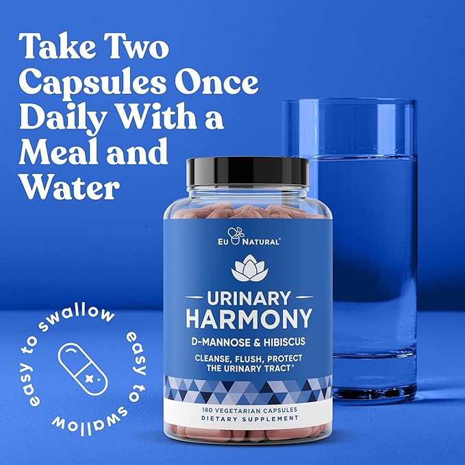 Eu Natural Urinary Harmony D-Mannose Supplement - Urinary Tract Health for Women - Fast-Acting Urinary Cleanse & Flush with Clinical-Strength D-Mannose & Hibiscus - 180 Capsules