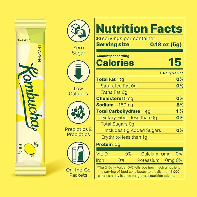 TEAZEN Lemon Kombucha Powder, Hydration Drink Mix, Sugar Free, Live Probiotics & Prebiotics, On-the-Go 30 Packets, 5.29oz