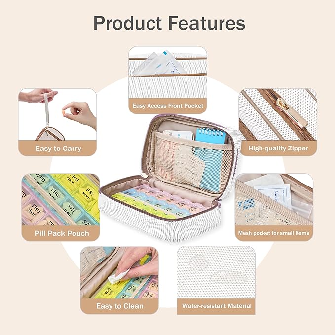 Weekly Travel Pill Organizer Pill Case for Purse with Removable 7 Day Pill Box Holder,Cute Medication Organizer Pill Container for Medicine, Vitamin, Fish Oils,Supplement(Brown, Small)