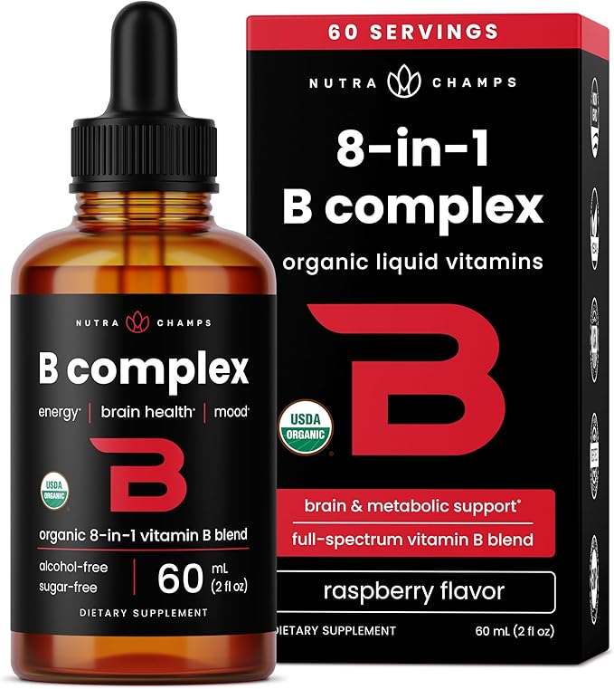 USDA Organic Vitamin B Complex Liquid Drops Sublingual B12 Methycobalamin | B1, B2, B3, B5, B6, B7, B9 | Methylated B Vitamins Complex for Women & Men | Biotin, Niacinamide, Folate & Folic Acid, 2oz