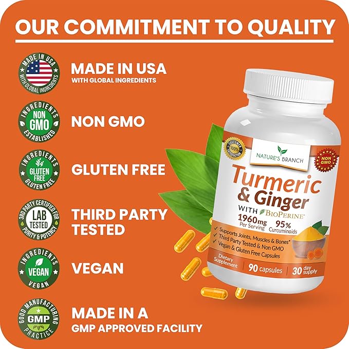 Turmeric and Ginger Supplement - Organic Turmeric & BioPerine - 95% Curcuminoids for Joint Support & Digestion | High Absorption Black Pepper Extract, Vegan, Curcumin Pills, Extra Strength 90 Capsules
