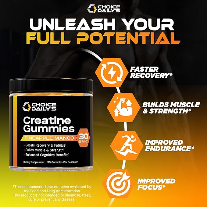 Creatine Gummies - 90 Vegan Friendly Chews - USA Made - Boosts Recovery - Builds Muscle - Enhanced Cognitive Benefits (Large, Pineapple Mango)