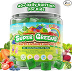 Kids Super Greens Gummies, w/Multivitamins, 20+ Veggie Fruit, Prebiotics, Calcium, Omega-3 (DHA/EPA), Kids Vitamins Greens Superfood Gummies for Picky Eaters Growth, Energy, Immune, Digestion, 2 Pack