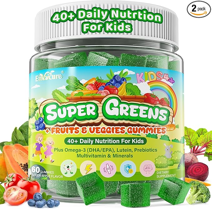 Kids Super Greens Gummies, w/Multivitamins, 20+ Veggie Fruit, Prebiotics, Calcium, Omega-3 (DHA/EPA), Kids Vitamins Greens Superfood Gummies for Picky Eaters Growth, Energy, Immune, Digestion, 2 Pack