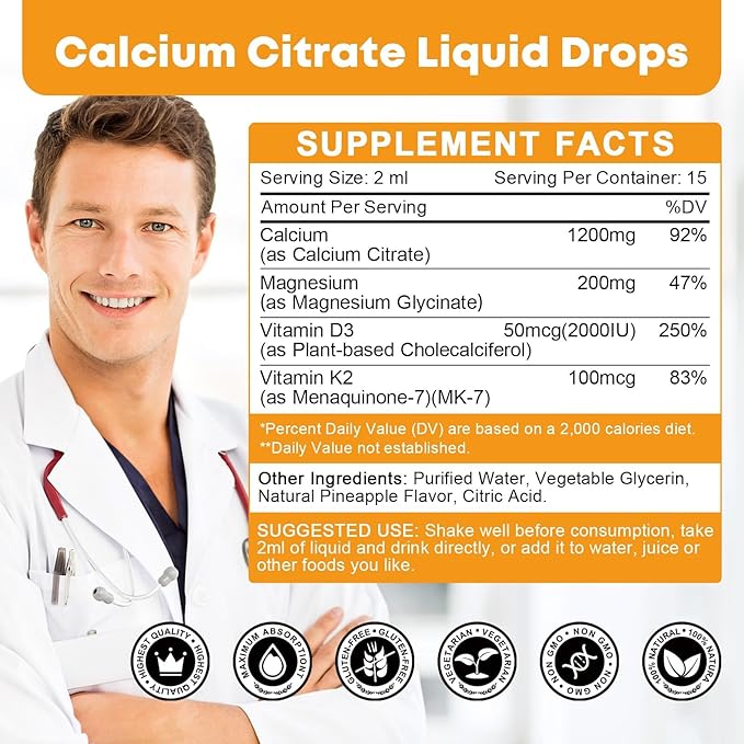 Calcium Citrate Supplement – Calcium Citrate 1200mg with Vitamin D3 Drops | Highly Absorbable | Non-GMO, Gluten-Free | Bones, Teeth & Muscle Support - 1 Fl Oz (2 Pack)