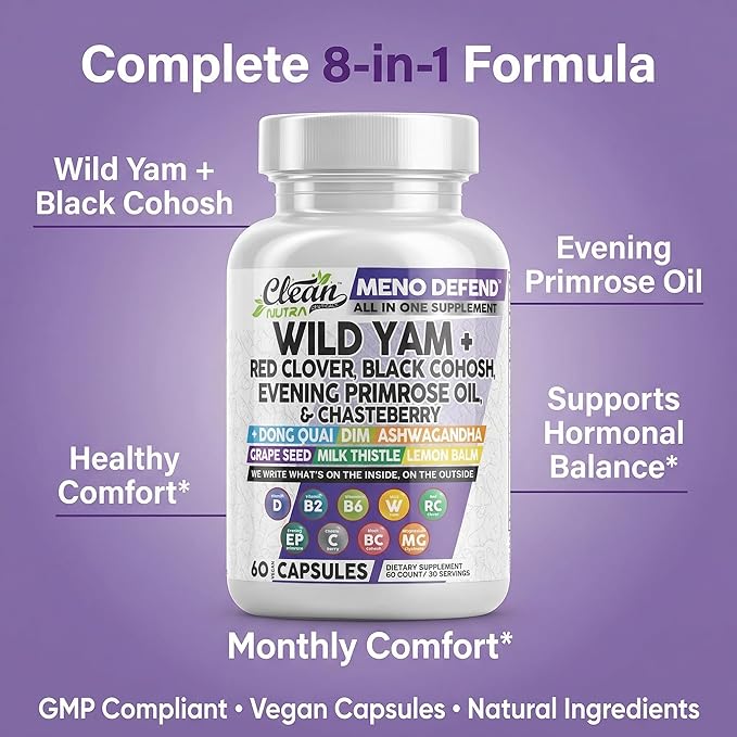 Clean Nutra Wild Yam Root Capsules with Red Clover Black Cohosh Evening Primrose Oil Chasteberry Dong Quai DIM Ashwagandha Grape Seed Extract Milk Thistle Lemon Balm and more Hormone Balance For Women
