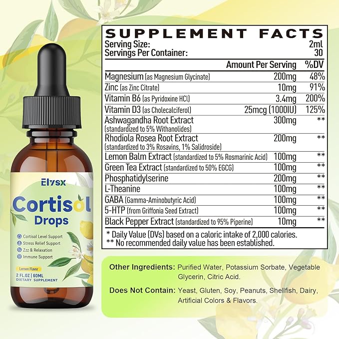 Cortisol Supplements for Women & Men, Cortisol Wellness Liquid Drops for Hormone Balance, Relaxation, Zzz, Stress, Focus Support with Ashwagandha, Rhodiola, L-Theanine, Lemon Flavor, 2 FL OZ