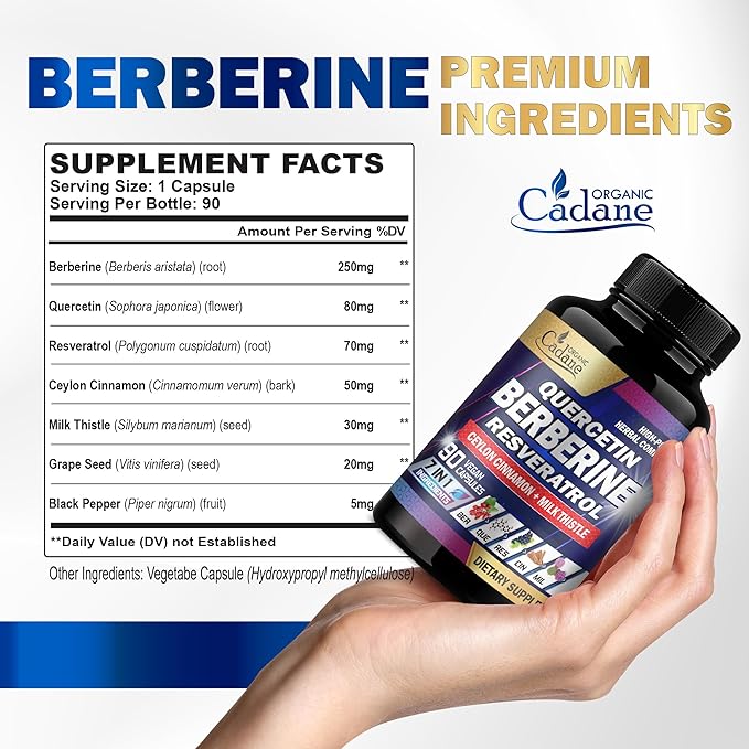 Organic Cadane 7in1 Pure Berberine Supplement with Quercetin, Ceylon Cinnamon, Resveratrol, Milk Thistle, Grape Seed, and Black Pepper - 90 Capsules for 3-Month Supply - Immunity Health Support