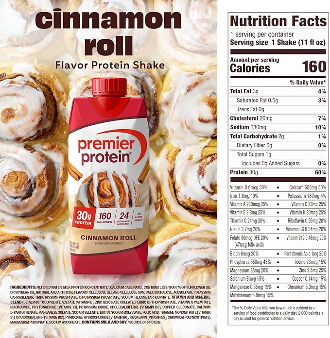 Premier Protein Shake, Cinnamon Roll, 30g Protein, No Added Sugar, 24 Vitamins & Minerals to Support Immune Health, 11.5 fl oz, 12 Pack