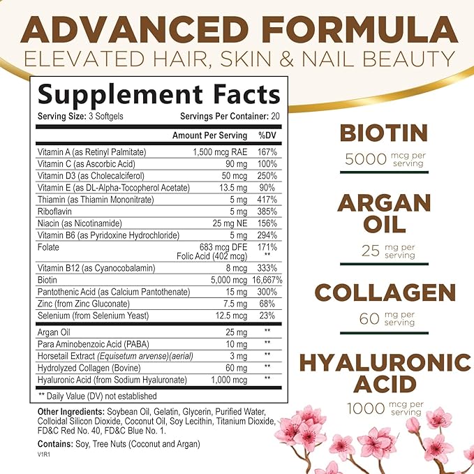 Hair, Skin & Nails Vitamins - Biotin 5000mcg Per Serving - Extra Strength Hair Growth Support For Women with Collagen, Argan Oil - Beautiful Skin, Hair & Nails Supplement - USA Bottled - 60 Softgels