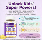 Sugar Free Kids Calcium Gummies (Ages 4-12) - 300mg Calcium Citrate w/Vitamin D3 K2 Magnesium - Algae DHA, Lutein & Zeaxanthin for Strong Bones, Eye & Brain Support - Gelatin Free - 60 Gummies