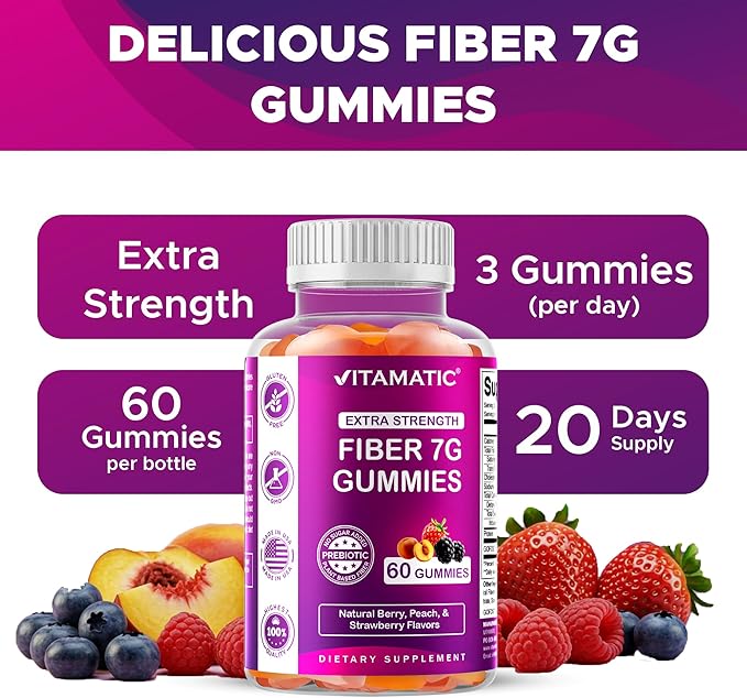 Vitamatic Prebiotic Fiber Gummies for Digestive Health & Regularity, Extra Strength, 7g Fiber per Serving, Zero Sugar Added, Made in USA, 60 Count (2 Pack)