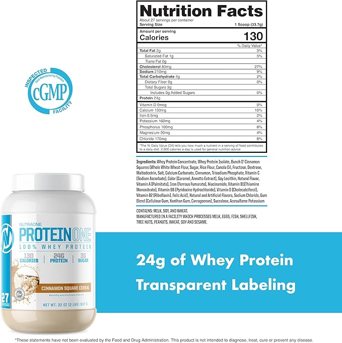 NutraOne ProteinOne Whey Protein Promote Recovery and Build Muscle with a Protein Shake Powder for Men & Women (Cinnamon Square Cereal- 2 lbs.)
