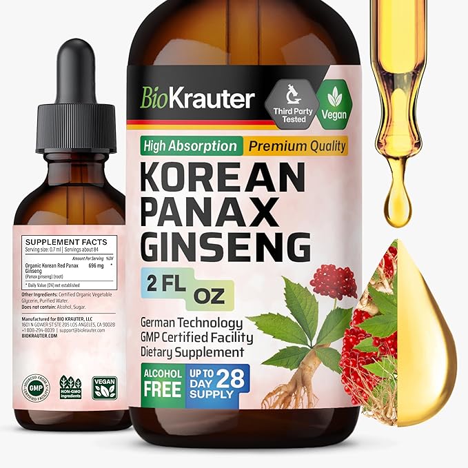 BIO KRAUTER® Ginseng Supplement - Pure Vegan Liquid Drops Korean Red Ginseng 696 mg per Serving 2 Fl.Oz 28-Day Supply - Used for Energy, Focus, Performance & Immune Support - Alcohol & Sugar Free