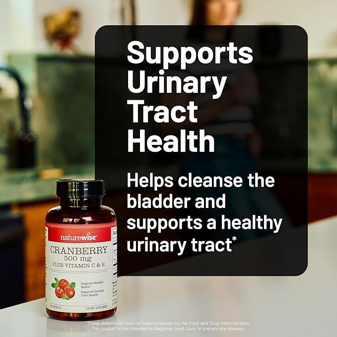 NatureWise Cranberry Pills for Women - 500mg Cranberry Extract (25:1) + Vitamin C & E - Cleansing Urinary Tract & Bladder - Vegan, Non-GMO, Sugar-Free - 60 Capsules[1-Month Supply]