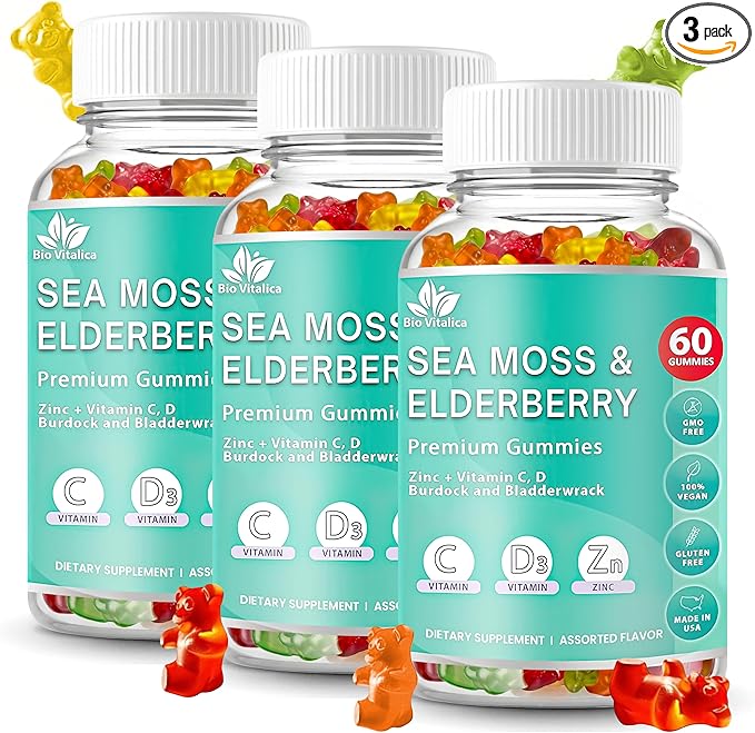 BIO VITALICA Irish Sea Moss Gummies with Elderberry – USA Made Vegan Gummies with Vitamin C, D & Zinc – Immune Support Supplement with Bladderwrack & Burdock Root for Adults & Kids – 3 Packs