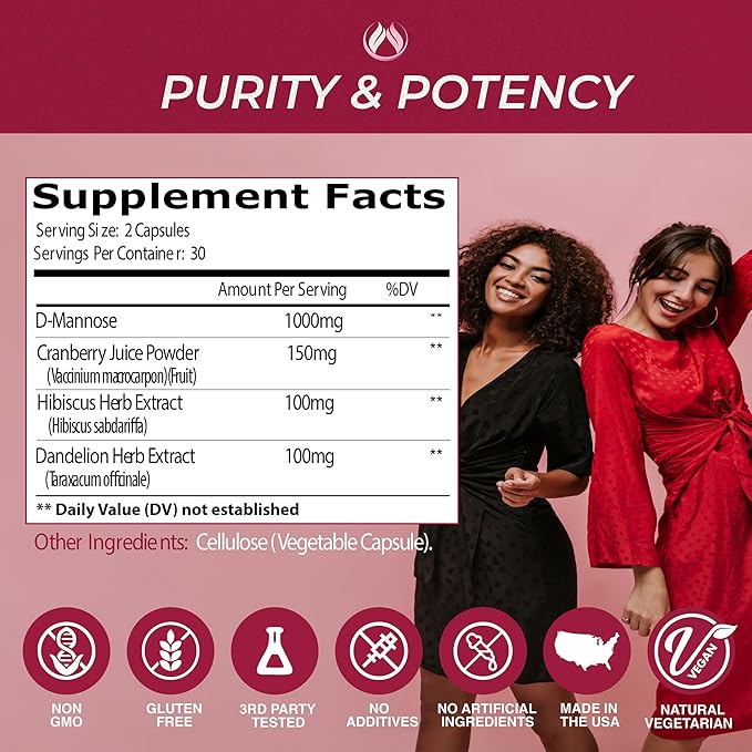 THE ENCLARE NUTRITION D Mannose Capsules|1000mg with Cranberry Pills for Women & Men, Hibiscus & Dandelion. Fast-Acting Urinary Tract Health, Bladder Control, Liver Support, Kidney Cleanse & Detox(2)