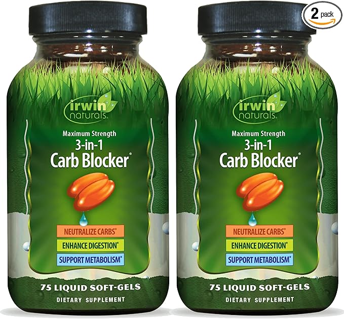 Irwin Naturals Maximum Strength 3-in-1 Carb Blocker - Neutralize Carbohydrates, Aids Digestion and Metabolism Booster - White Kidney Bean Extract + Chromium + Enzyme Blend - 75 Soft-Gels - 2 Pack