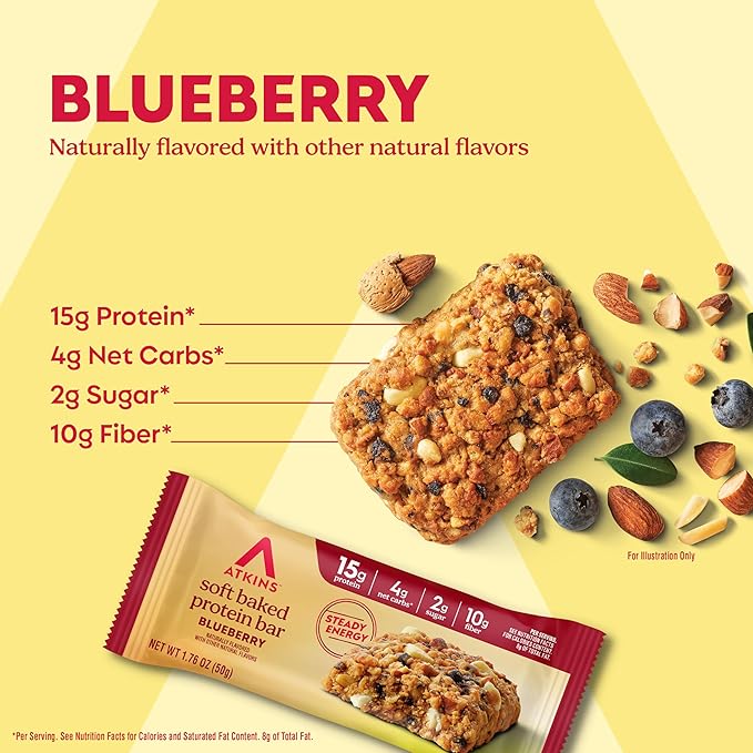 Atkins Soft Baked Protein Bars, Blueberry, 15g Protein, 4g Net Carbs, 2g Sugar, Excellent Source of Fiber, High in Protein, 6 Packs (4 Bars Each)