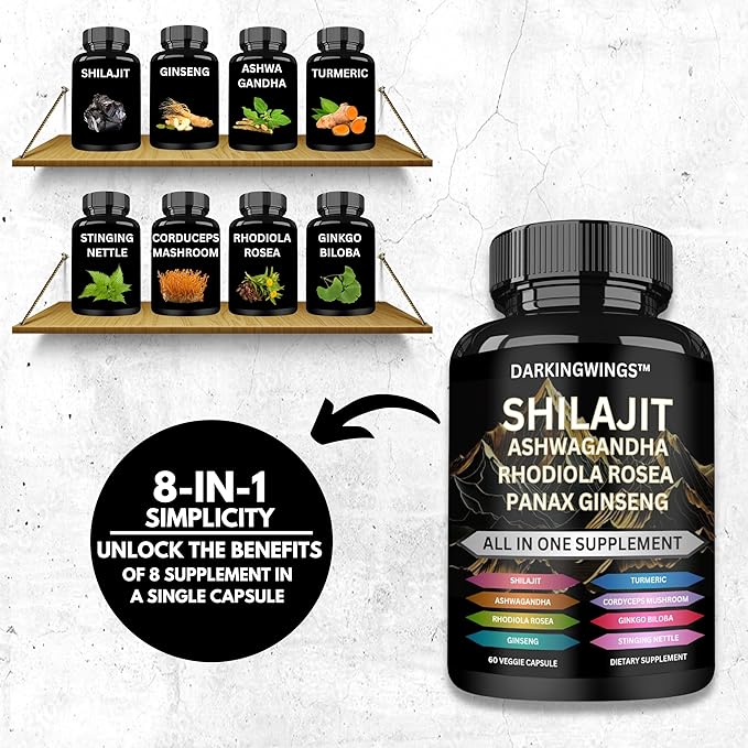 8-in-1 Shilajit 9000 Panax Ginseng 1500MG Ashwagandha 2000MG Rhodiola Rosea 1000MG, Turmeric 500MG, Gingko Biloba 500mg, Stinging Nettle 250MG, Cordyceps Mushroom 500 MG for Full Body Power