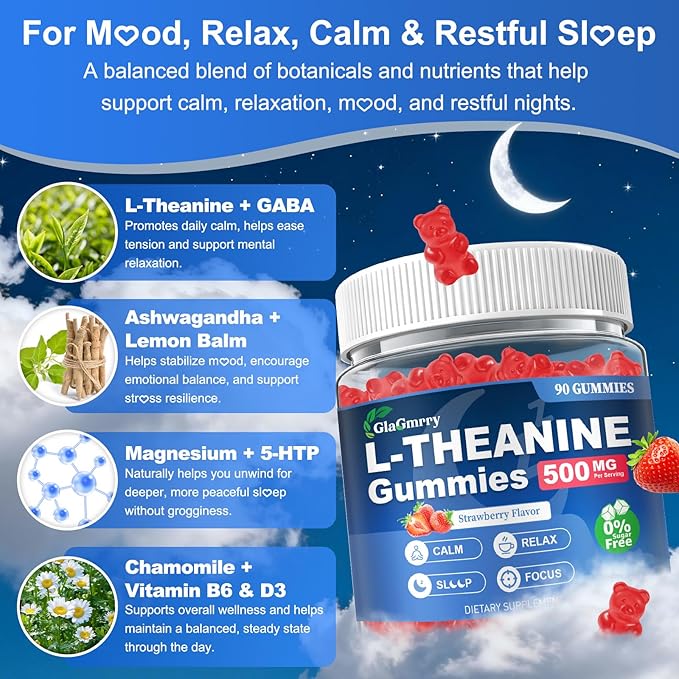 90 Count | L Theanine Gummies, L Theanine Supplement for Adults & Kids, w/Ashwagandha, Magnesium, GABA & 5-HTP, Sugar Free Liposomal Formula for Calm Relax zzZ M♡♡d & Focus, Vegan