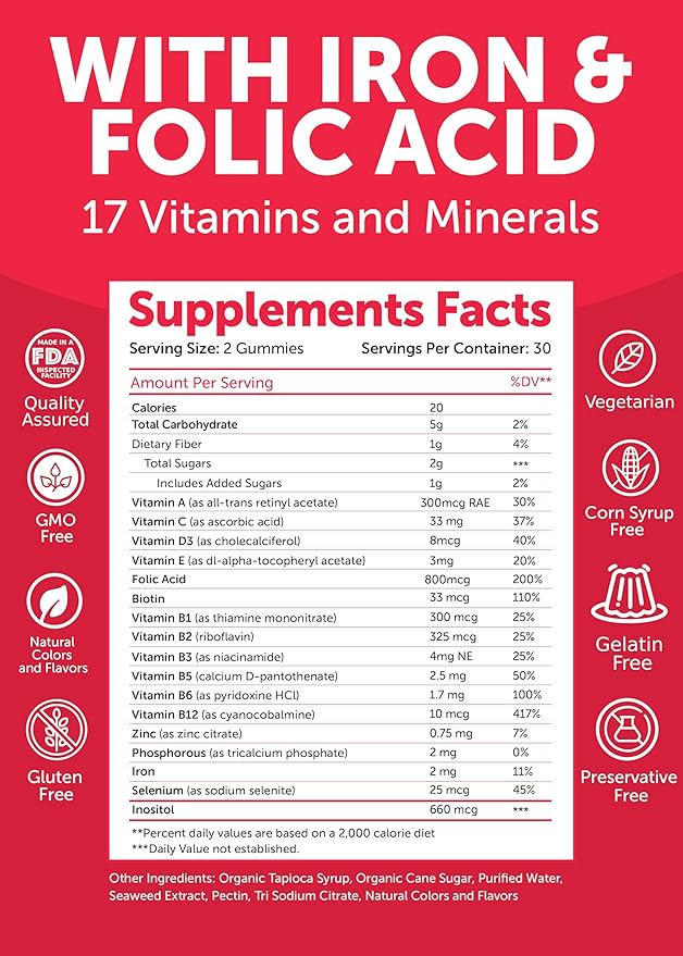 Lunakai USA Made 17-in-1 Prenatal Vitamins for Women with Iron & Folic Acid – Delicious Daily Prenatal Gummies for Maternal Wellness Support, 60ct