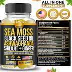 Sea Moss, Black Seed Oil, Ashwagandha, Ginger, Shilajit Gummies with Elderberry, Chlorophyll, Turmeric Bladderwrack Sea Moss Gummies Advanced Strength Formula - All in 1 Bundle - USA Made (60 Gummies)