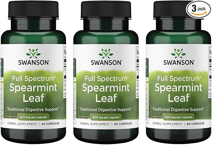 Swanson Spearmint Leaf Full Spectrum Digestive Supplement for Digestive-Comfort-Seeking Adults - 400 mg Mentha Spicata (60 Capsules, 3 Pack)