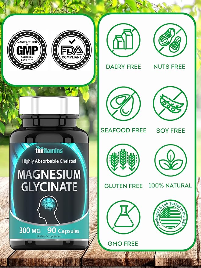 tnvitamins Magnesium Glycinate 300mg, 90 Capsules | High Absorption Chelated Magnesium for Sleep, Calm & Muscle Support* | Non-GMO, Gentle, Non-Laxative | TNVitamins