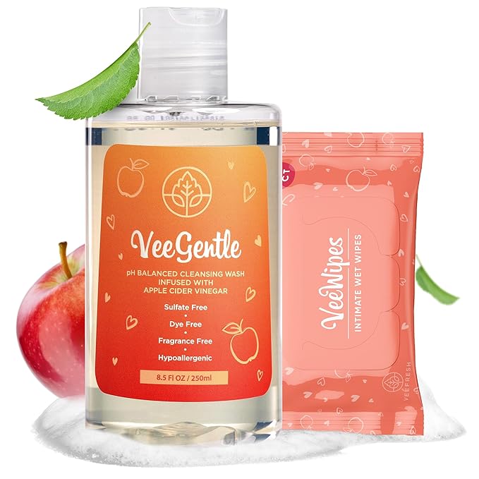 VeeFresh VeeDaily - VeeGentle Intimate Wash & VeeWipes ACV Sensitive Vee Bundle - Apple Cider Vinegar Infused Female Wipes for Women & Natural Feminine Wash for Sensitive Vees!