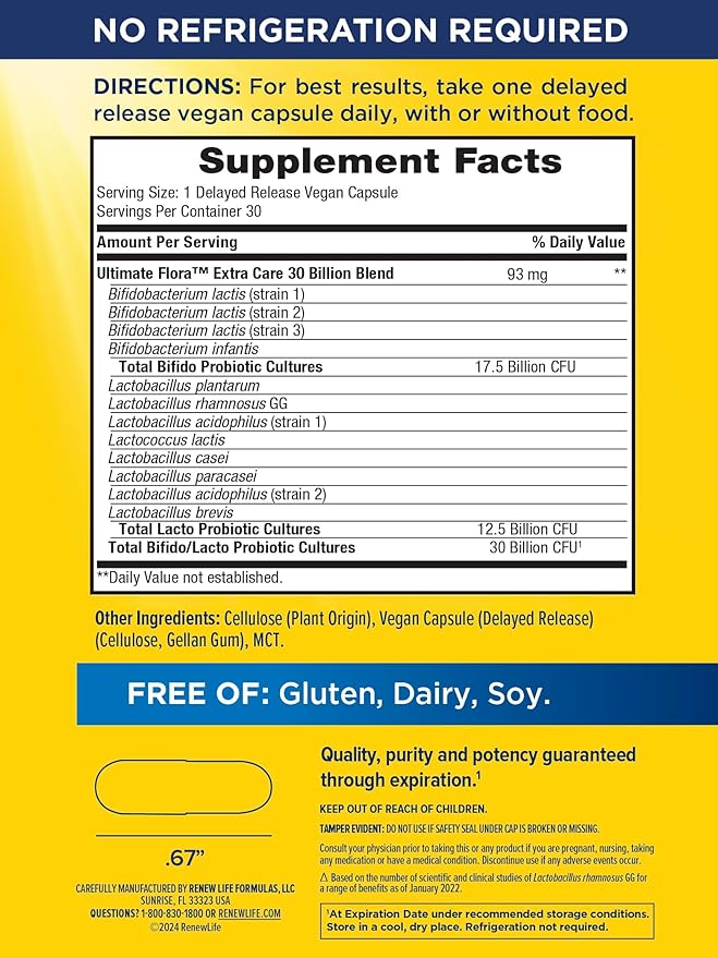 Renew Life Extra Care Digestive Probiotic Capsules, Daily Supplement Supports Immune, Digestive and Respiratory Health, L. Rhamnosus GG, Dairy, Soy and gluten-free, 30 Billion CFU, 30 Count